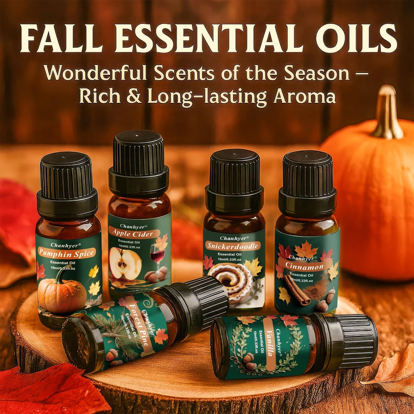 Fall Essential Oils Set 6x10ml – Pumpkin Spice, Apple Cider, Snickerdoodle, Vanilla, Cinnamon, Pine | Autumn Fragrance Oils for Diffusers