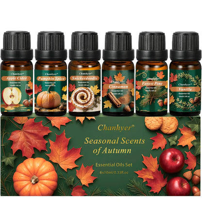 Fall Essential Oils Set 6x10ml – Pumpkin Spice, Apple Cider, Snickerdoodle, Vanilla, Cinnamon, Pine | Autumn Fragrance Oils for Diffusers