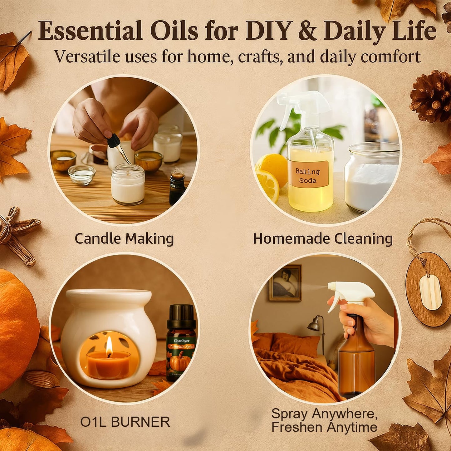 Fall Essential Oils Set 6x10ml – Pumpkin Spice, Apple Cider, Snickerdoodle, Vanilla, Cinnamon, Pine | Autumn Fragrance Oils for Diffusers