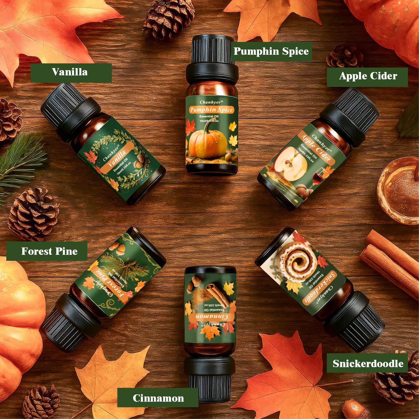 Fall Essential Oils Set 6x10ml – Pumpkin Spice, Apple Cider, Snickerdoodle, Vanilla, Cinnamon, Pine | Autumn Fragrance Oils for Diffusers