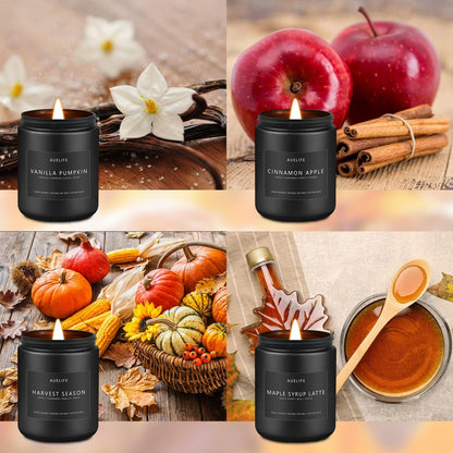 Fall & Winter Holiday Candle Set 4-Pack – Cozy Soy Candles: Pumpkin Vanilla, Cinnamon Apple, Harvest Season, Maple Syrup Latte