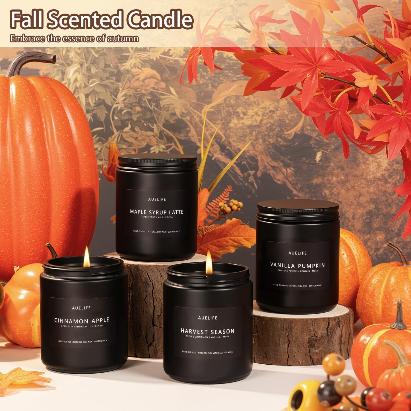 Fall & Winter Holiday Candle Set 4-Pack – Cozy Soy Candles: Pumpkin Vanilla, Cinnamon Apple, Harvest Season, Maple Syrup Latte