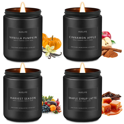 Fall & Winter Holiday Candle Set 4-Pack – Cozy Soy Candles: Pumpkin Vanilla, Cinnamon Apple, Harvest Season, Maple Syrup Latte