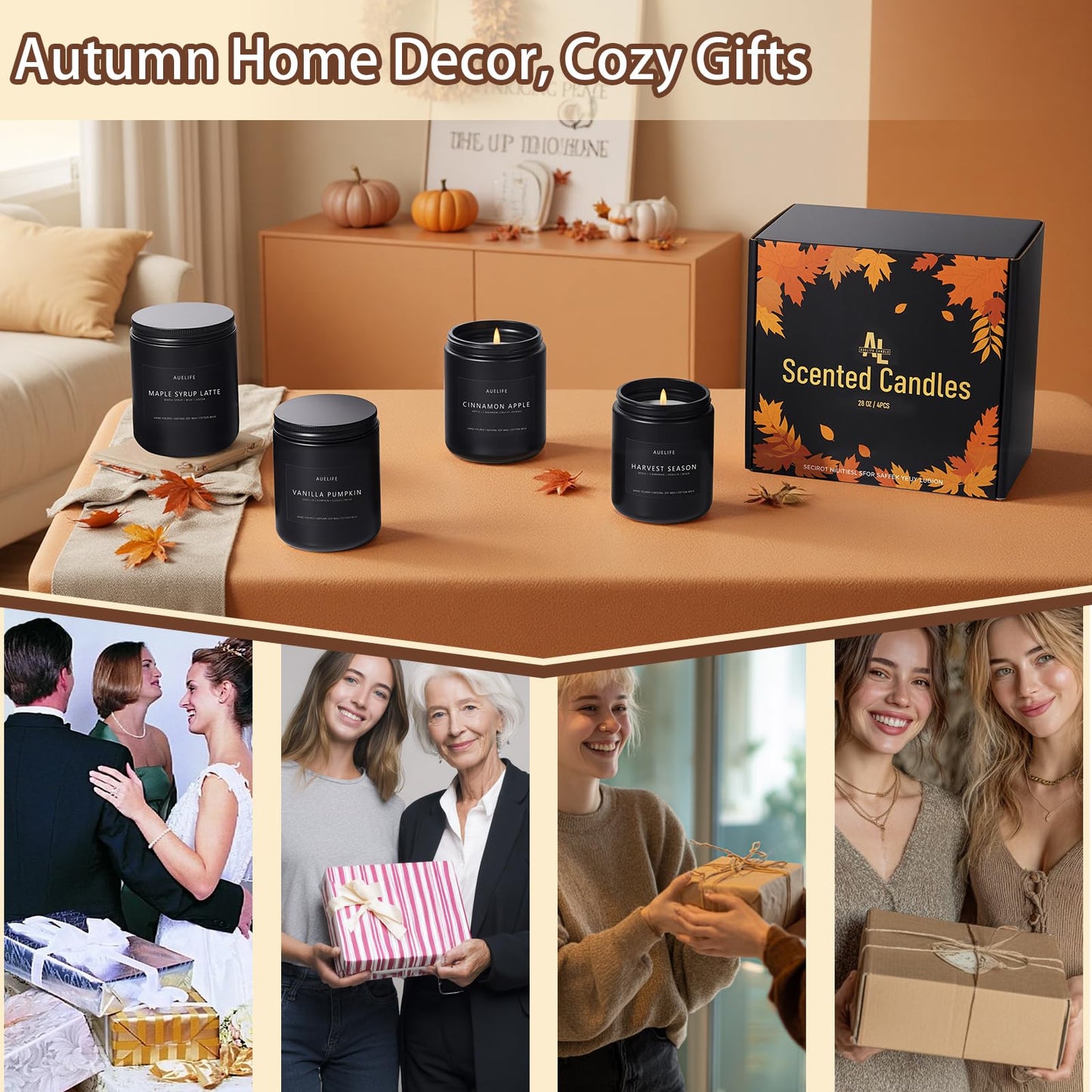 Fall & Winter Holiday Candle Set 4-Pack – Cozy Soy Candles: Pumpkin Vanilla, Cinnamon Apple, Harvest Season, Maple Syrup Latte
