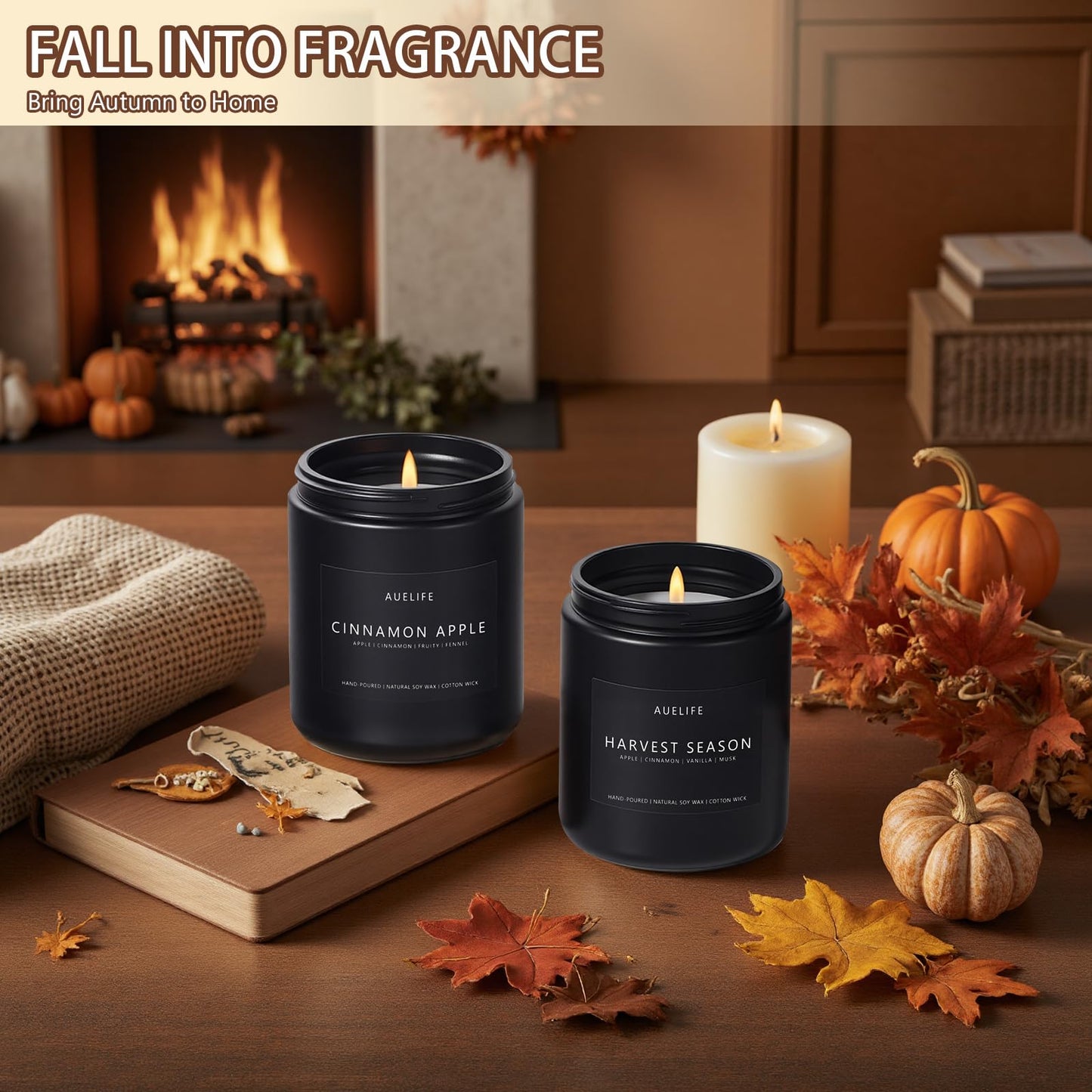 Fall & Winter Holiday Candle Set 4-Pack – Cozy Soy Candles: Pumpkin Vanilla, Cinnamon Apple, Harvest Season, Maple Syrup Latte