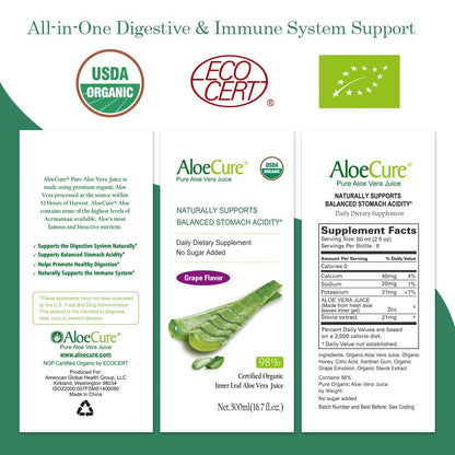 AloeCure USDA Organic Aloe Vera Juice - Grape Flavor, 16.7oz