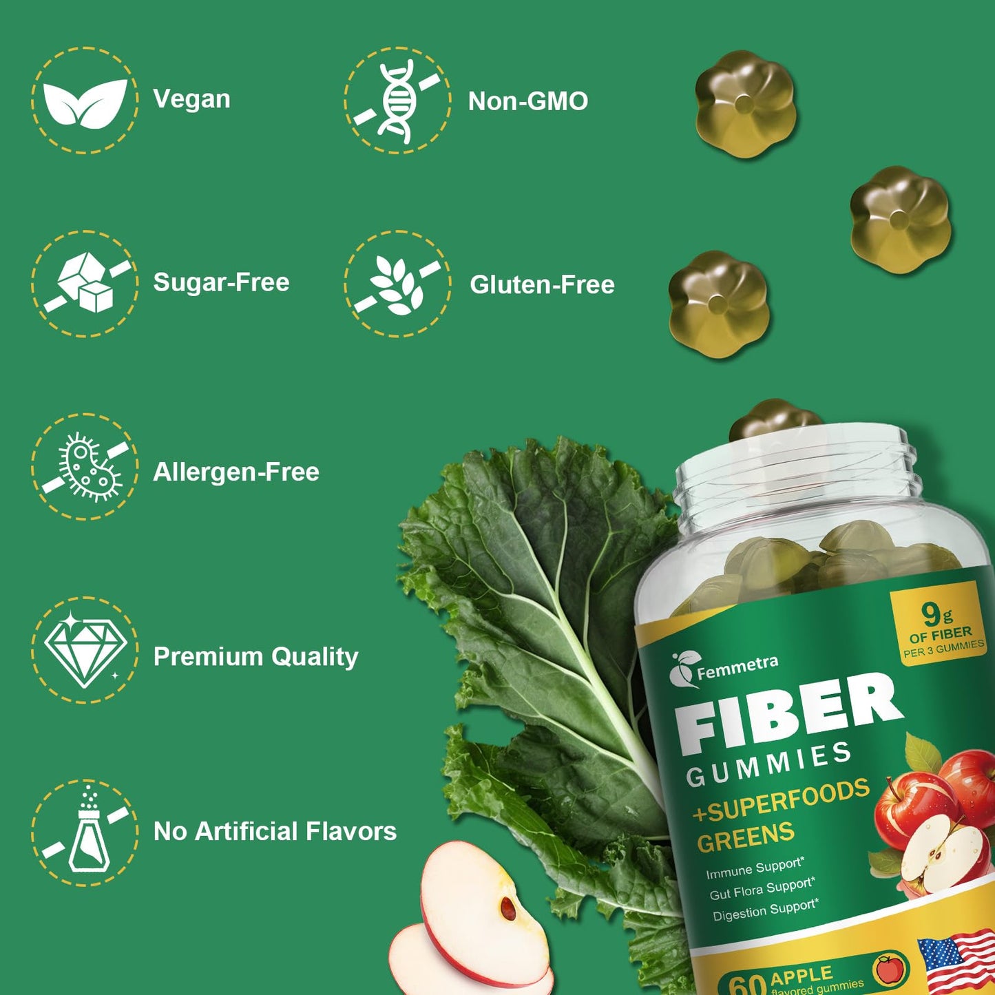 13-in-1 Prebiotic Fiber Gummies for Adults – Greens Blend, Inulin & ACV, Sugar Free Apple Flavor | 60 Vegan Gummies