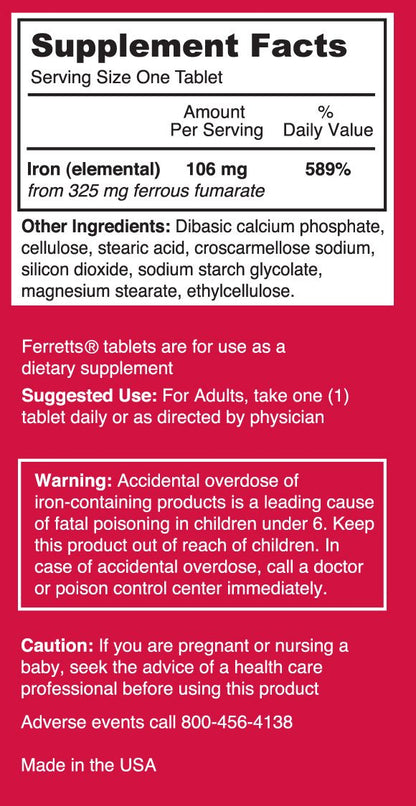 Ferretts Iron Tablets 106mg (325mg Ferrous Fumarate) – 60 Day Supply