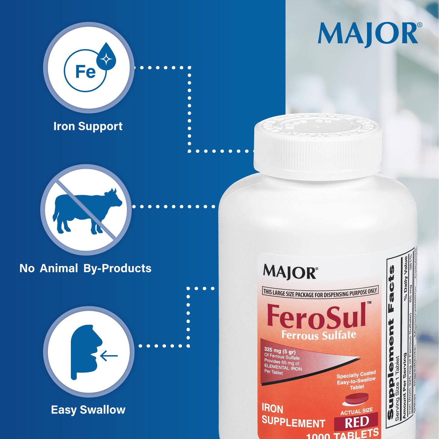 Major FeroSul Ferrous Sulate 325 mg – Iron Supplement for Women & Men, Easy-to-Swallow Red Tablets, 1000 Count