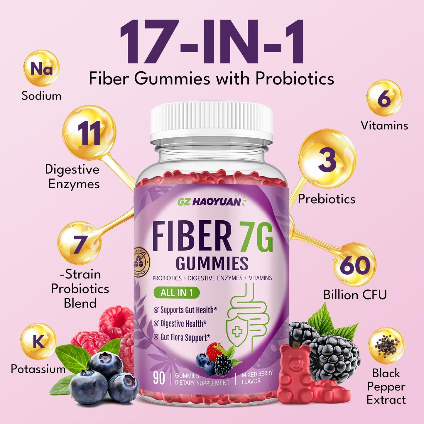 Fiber Gummies for Adults - Sugar Free, 7g All-in-1, 60B CFU Probiotic, 90 Ct