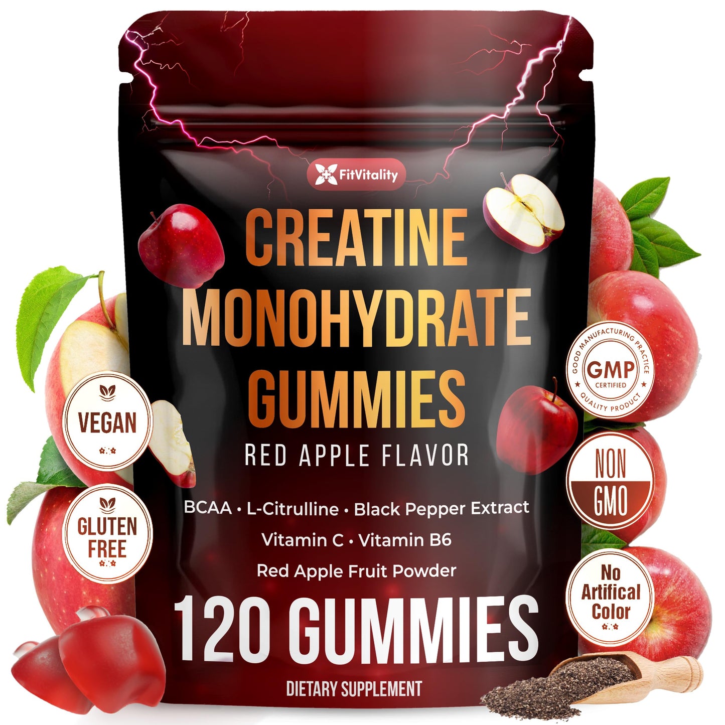 FitVitality Premium 120 Creatine Gummies – Creatine Monhydrate, Vitamin C & B6, Vegan, Non-GMO, Sugar-Free, Red Apple