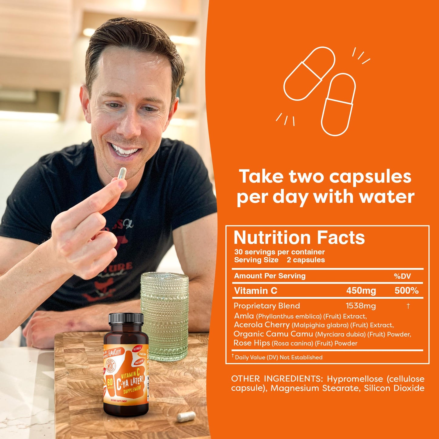 FlavCity C-Ya Later! Superfood Vitamin C - Immune Support from Acerola, Rose Hips & Camu Camu (500% DV) - 60 Capsules