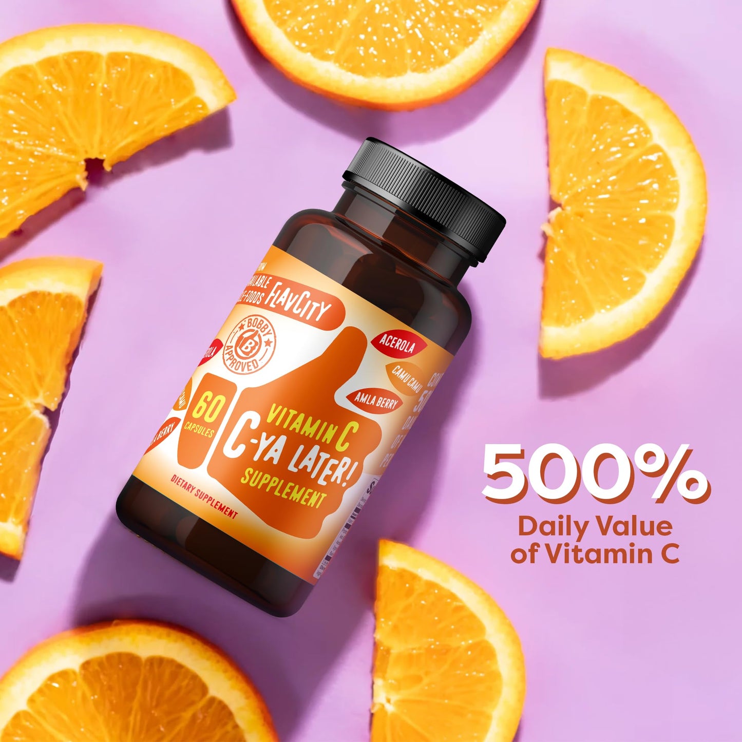 FlavCity C-Ya Later! Superfood Vitamin C - Immune Support from Acerola, Rose Hips & Camu Camu (500% DV) - 60 Capsules