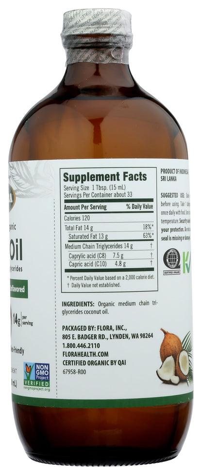 Flora MCT Oil Certified Organic – Brain Health & Muscle Energy | C8/C10 | 8.5 oz Glass Bottle