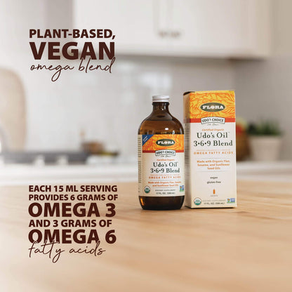 Flora Udo's Choice Omega 3-6-9 Oil Blend – Organic Flax, Sesame & Sunflower, 8.5 fl oz Glass Bottle