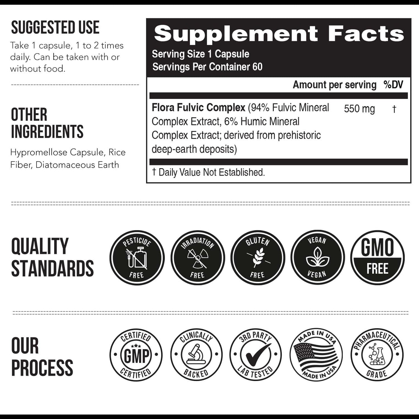 Flora Fulvic – Fulvic Acid + Humic Acid Complex 550 mg | Utah Deep-Earth Mine | 60 Capsules | Immunity, Gut & Digestion