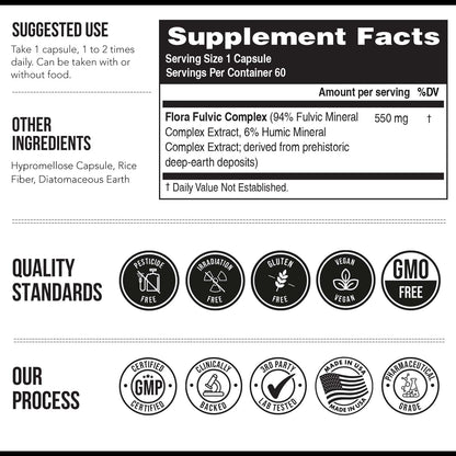 Flora Fulvic – Fulvic Acid + Humic Acid Complex 550 mg | Utah Deep-Earth Mine | 60 Capsules | Immunity, Gut & Digestion