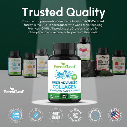 ForestLeaf Multi Collagen Pills with Hyaluronic Acid + Vitamin C | Hydrolyzed Collagen for Skin, Joints, and Hair | 240 Capsules