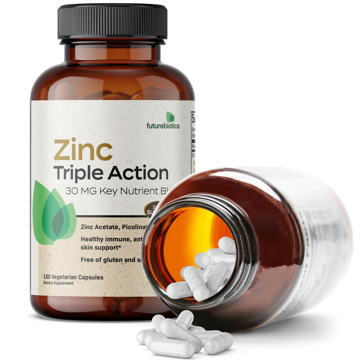 Futurebiotics Zinc Triple Action 30mg: Immune Support, Antioxidant & Skin Health - 150 Vegetarian Capsules