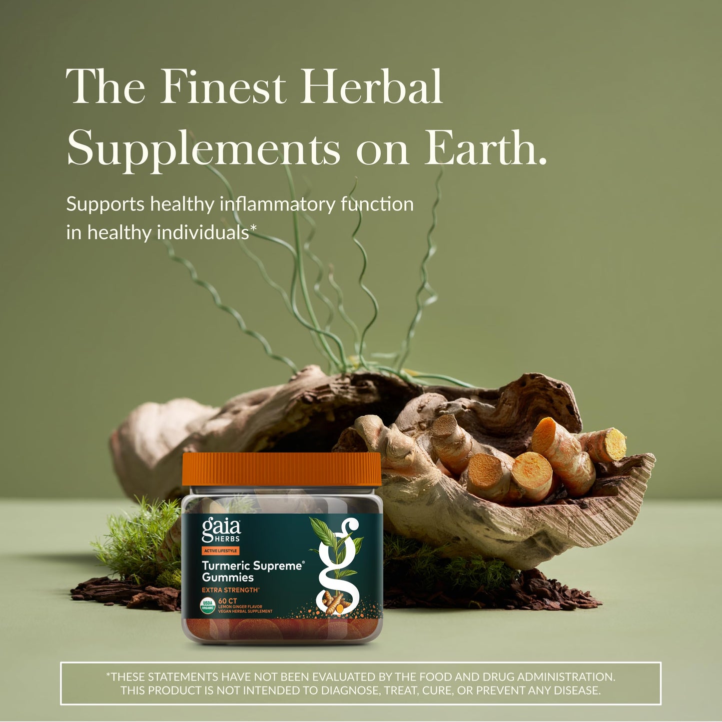 Gaia Herbs Turmeric Supreme Extra Strength Gummies – 60 Vegan Organic Gummies, Lemon-Ginger Flavor (20-Day Supply)