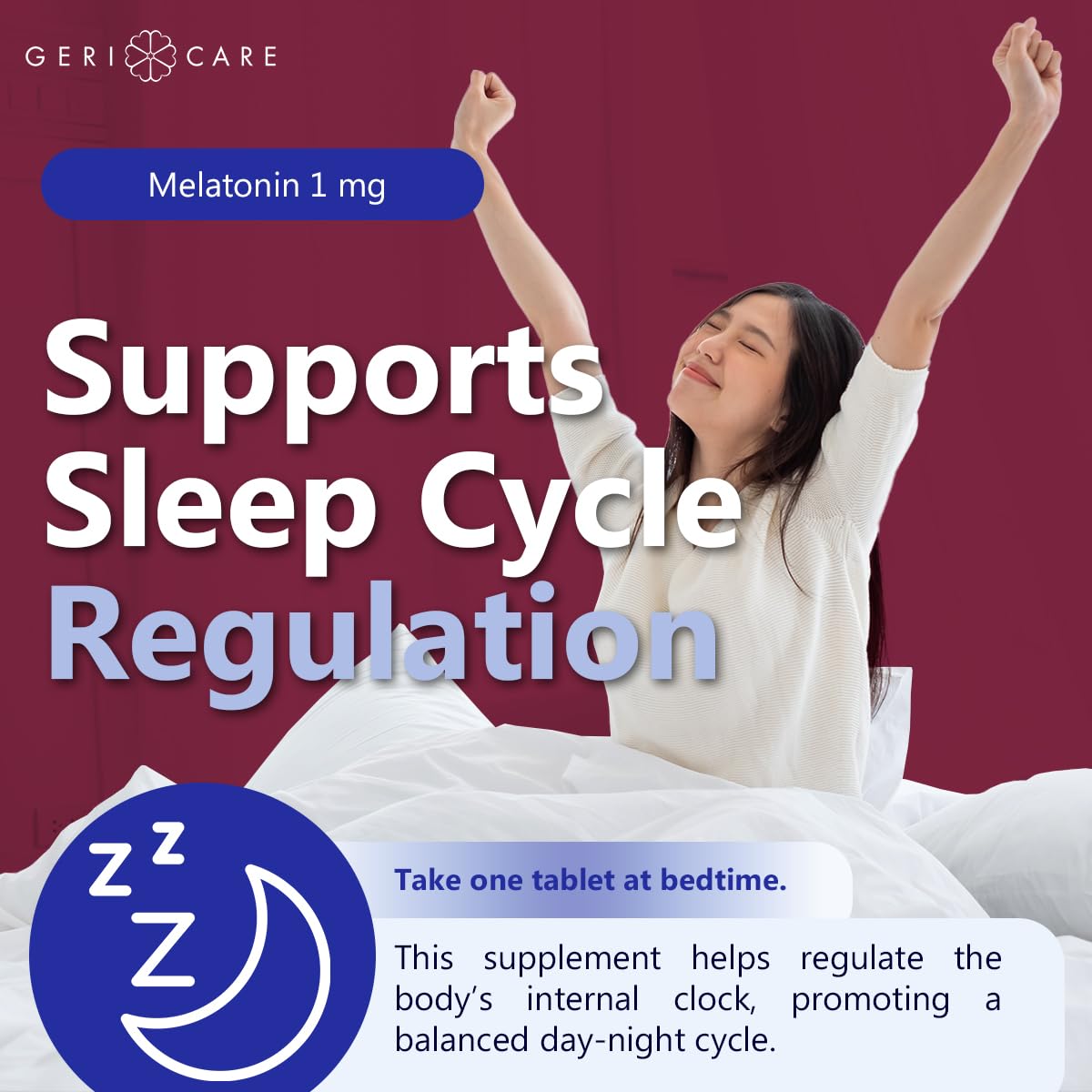 GeriCare Melatonin 1mg Sleep Support – Non-Habit Forming, Jet Lag Relief, 180 Tablets