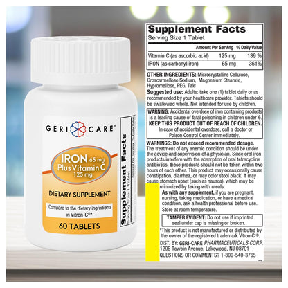 GeriCare Iron 65mg + Vitamin C 125mg Tablets – High-Absorption Iron for Anemia Support (60 Count)