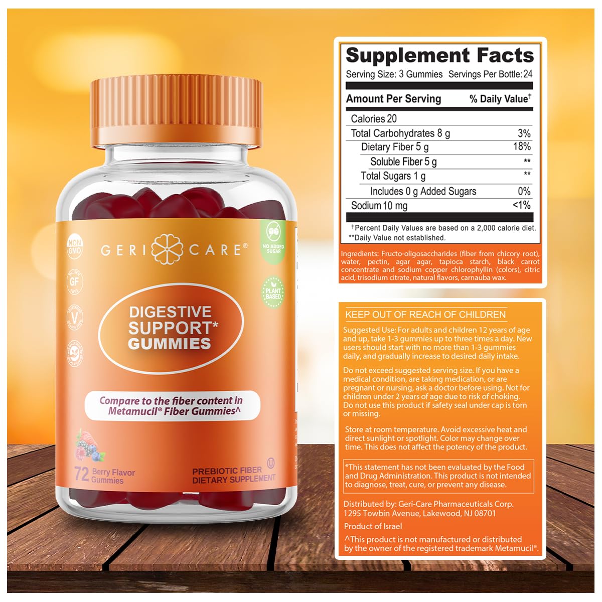 GeriCare Prebiotic Digestive Support Gummies – Berry Flavor, 72 Count | Plant-Based Fiber for Gut Health, Regularity | Non-GMO, Gluten-Free, Vegan