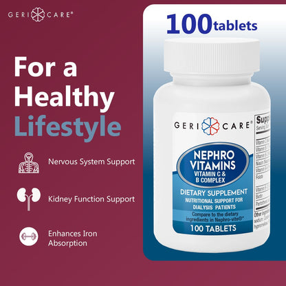 GeriCare Nephro Vitamin C & B Complex Tablets – 100 Count, Pack of 2 | Kidney Health & Energy Support
