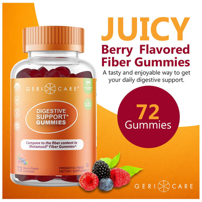 GeriCare Prebiotic Digestive Support Gummies – Berry Flavor, 72 Count | Plant-Based Fiber for Gut Health, Regularity | Non-GMO, Gluten-Free, Vegan