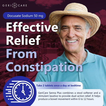 GeriCare Senna Plus Natural Laxative with Stool Softener – 200 Tablets (Pack of 2)
