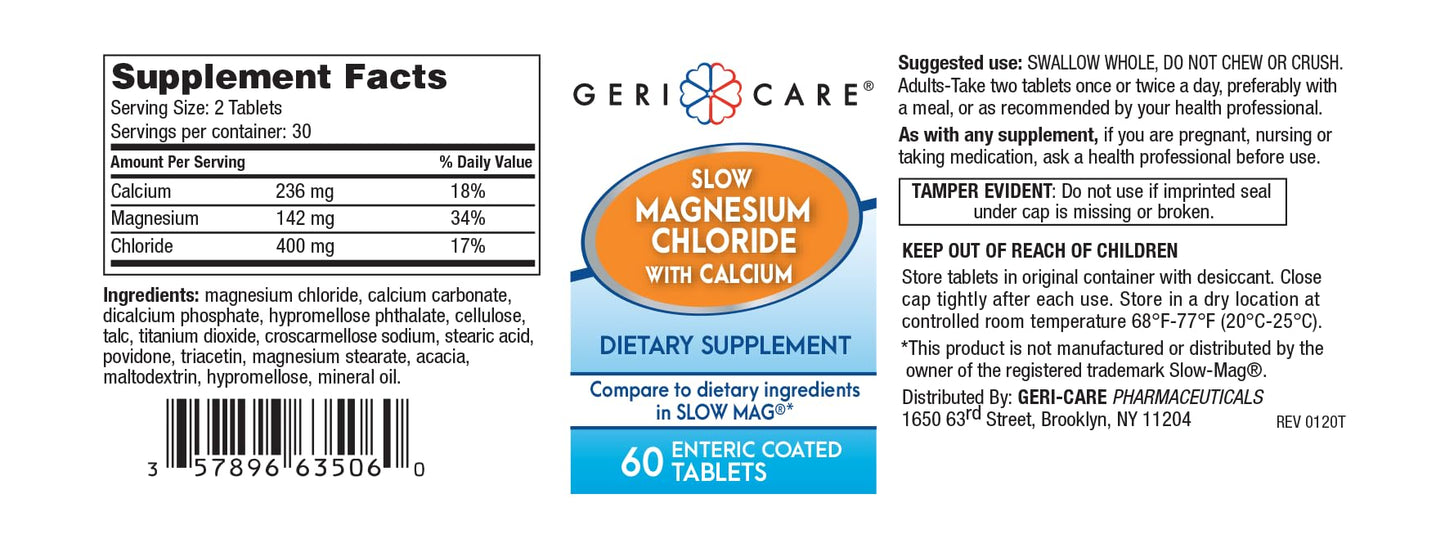 Gericare Slow Magnesium Chloride & Calcium Tablets | Geri-Care | 60 Count Bottle
