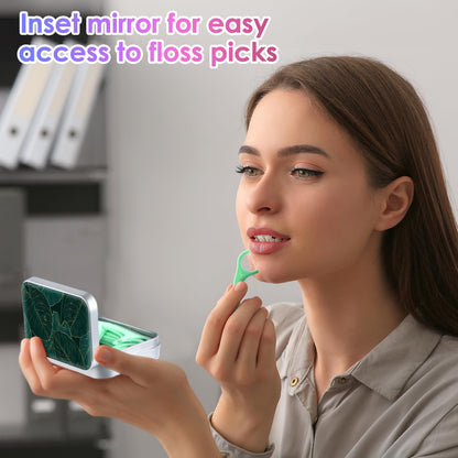 Gerkia Dental Floss Portable Case – Emerald Green Leaf | Travel Floss Dispenser with Built-in Mirror