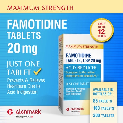 Glenmark Maximum Strength Famotidine 20 mg – 200 Count (Pack of 2) | Heartburn Relief