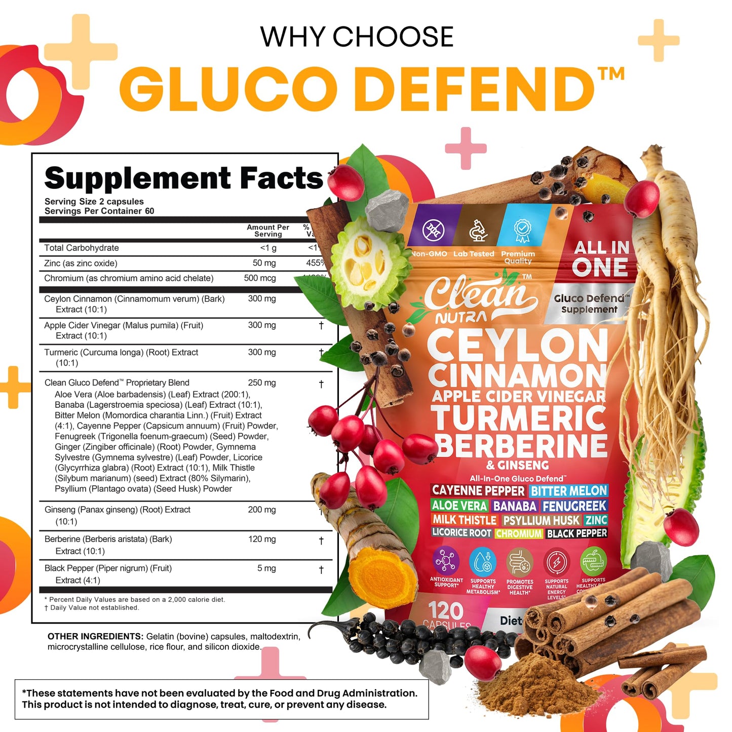 Gluco Defend 120 Capsules – Ceylon Cinnamon, Apple Cider Vinegar, Turmeric, Berberine | Clean Nutra