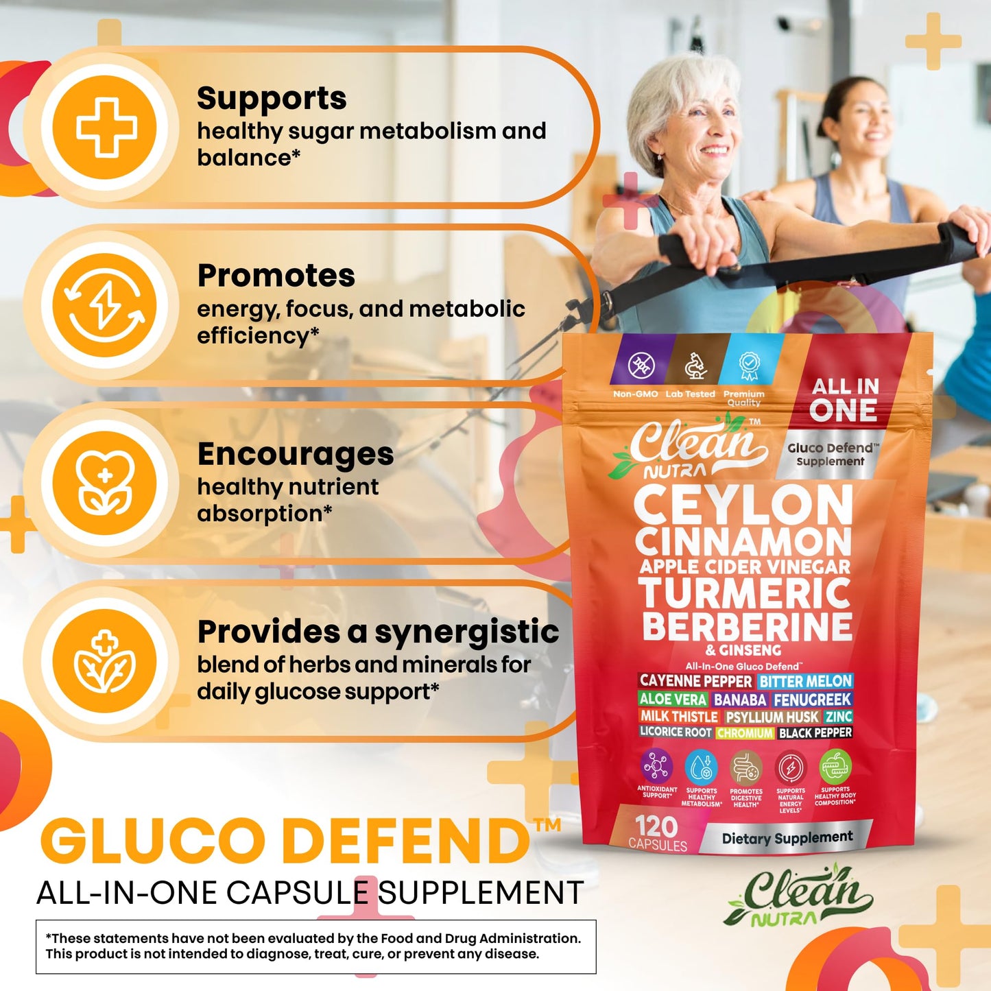 Gluco Defend 120 Capsules – Ceylon Cinnamon, Apple Cider Vinegar, Turmeric, Berberine | Clean Nutra