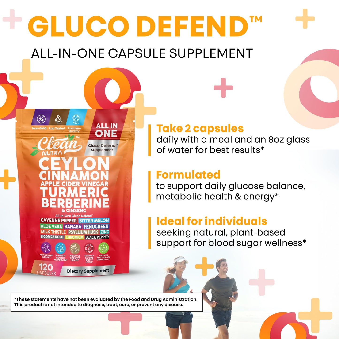 Gluco Defend 120 Capsules – Ceylon Cinnamon, Apple Cider Vinegar, Turmeric, Berberine | Clean Nutra
