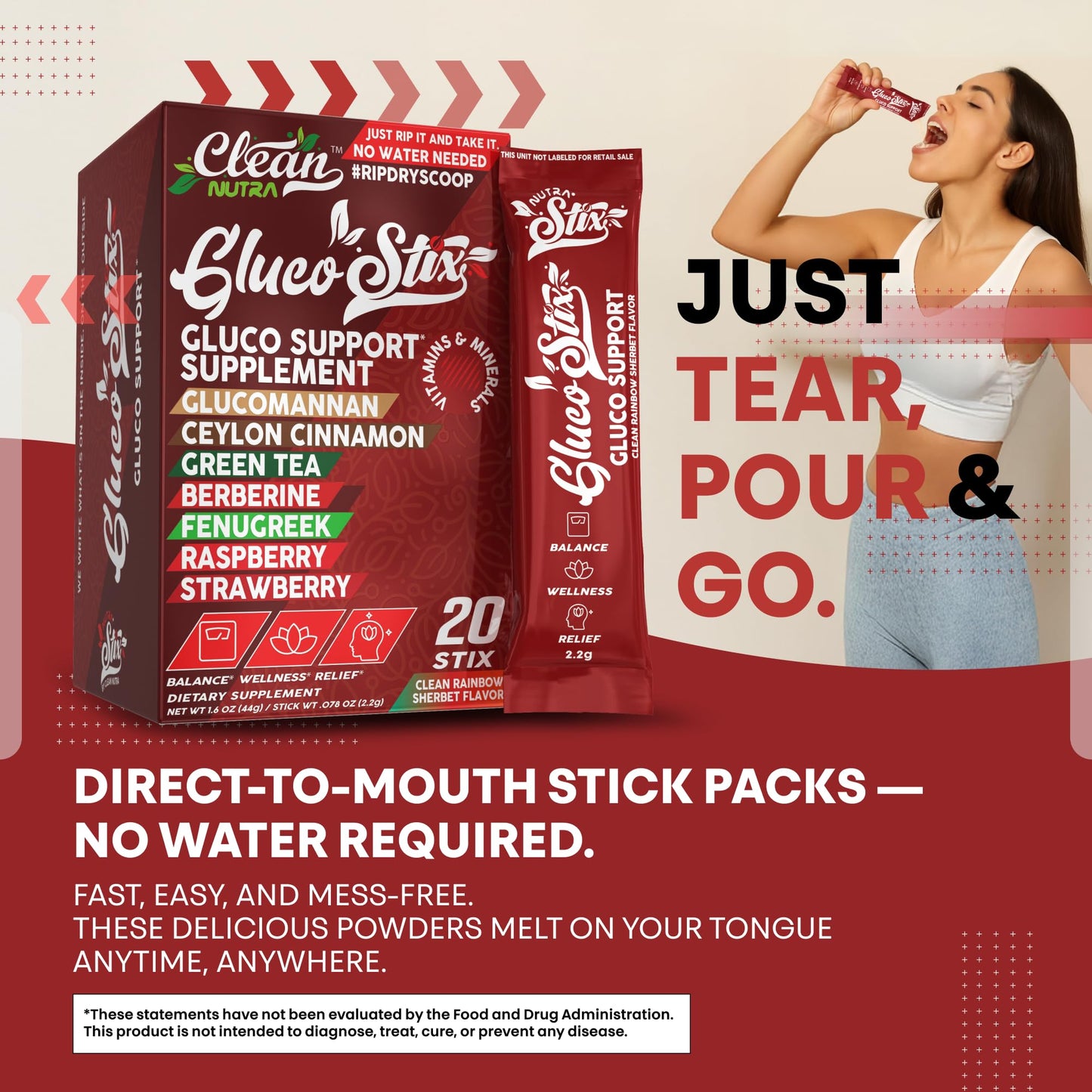 Gluco Stix Rainbow Sherbet Powder Sticks – Clean Nutraceuticals Ceylon Cinnamon, Berberine, Glucomannan, Apple Cider Vinegar | 20 Count