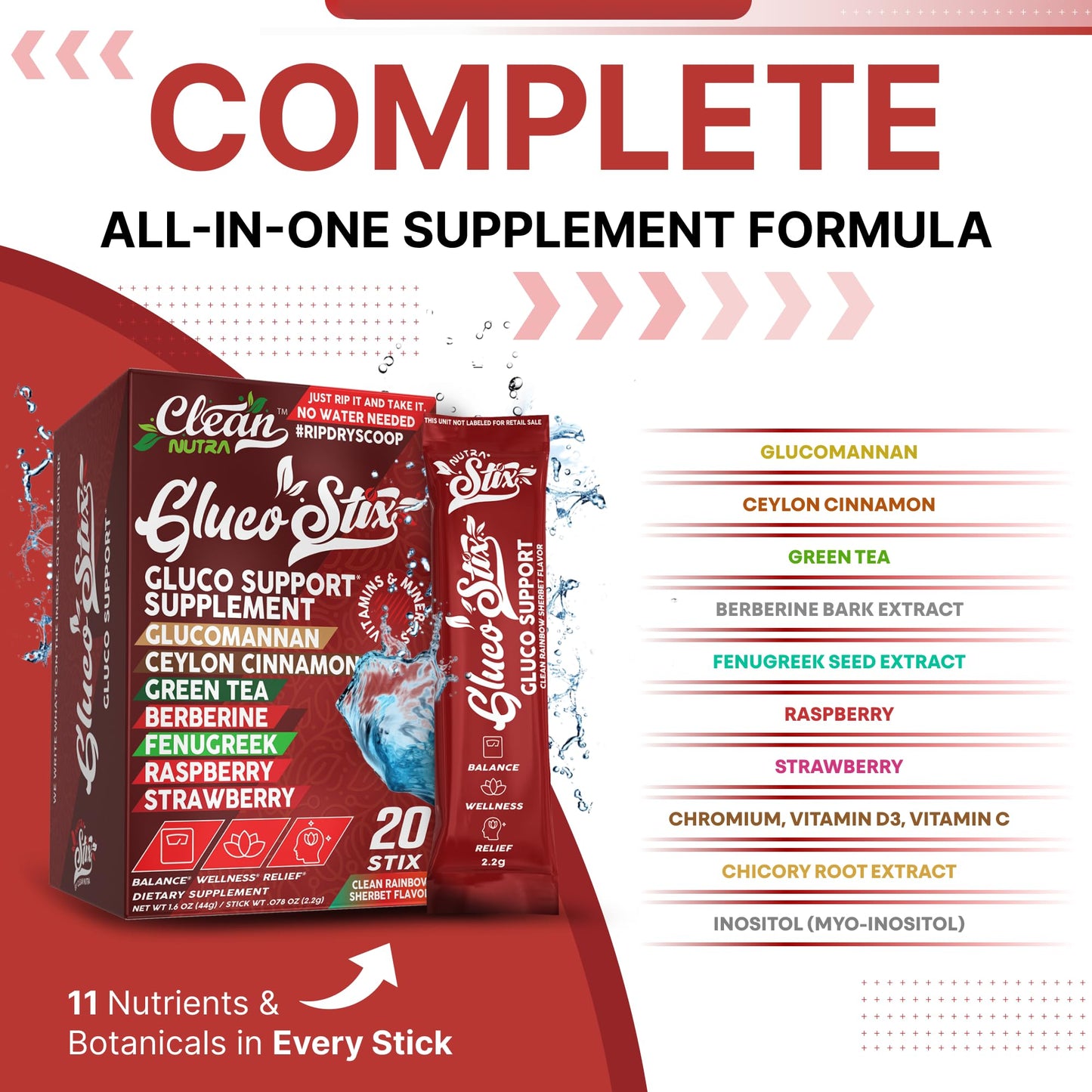 Gluco Stix Rainbow Sherbet Powder Sticks – Clean Nutraceuticals Ceylon Cinnamon, Berberine, Glucomannan, Apple Cider Vinegar | 20 Count