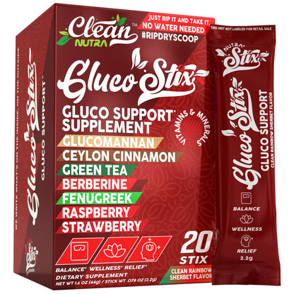 Gluco Stix Rainbow Sherbet Powder Sticks – Clean Nutraceuticals Ceylon Cinnamon, Berberine, Glucomannan, Apple Cider Vinegar | 20 Count