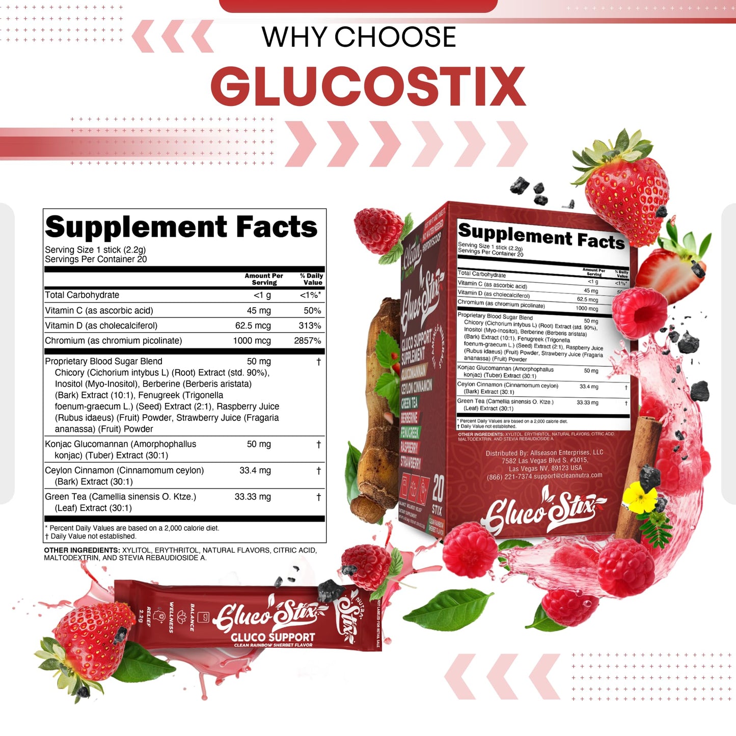 Gluco Stix Rainbow Sherbet Powder Sticks – Clean Nutraceuticals Ceylon Cinnamon, Berberine, Glucomannan, Apple Cider Vinegar | 20 Count