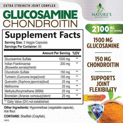 Glucosamine Chondroitin MSM 2100mg – 3x Strength Joint Support for Men & Women | Turmeric & Boswellia – 180 Capsules