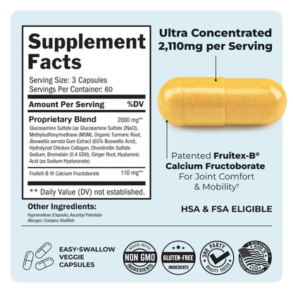 Glucosamine Chondroitin MSM Joint Support – Collagen, Turmeric, Hyaluronic Acid | Gluten Free, Non-GMO, 180 Capsules