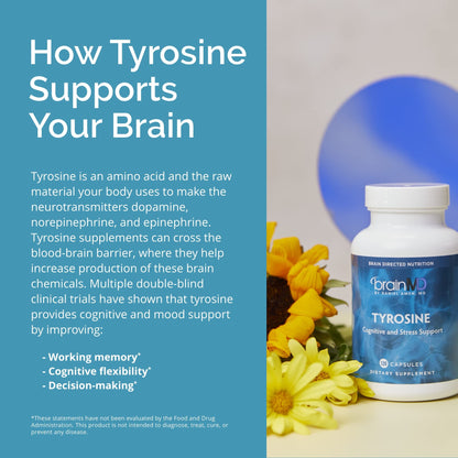Dr Amen BrainMD Tyrosine - 120 Capsules for Focus, Clarity & Alertness - Gluten Free - 60 Servings
