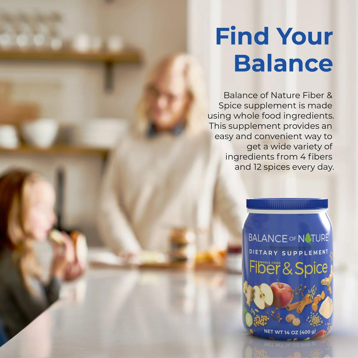 Balance of Nature Fiber & Spice: Psyllium Husk, Flax Seed, Turmeric & Apple – 30 Servings