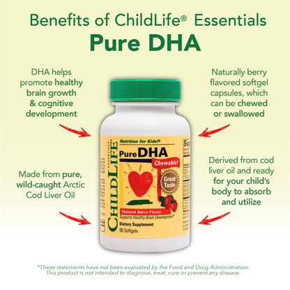 ChildLife Essentials Pure DHA for Kids - DHA & EPA Omega-3 Softgels (Gluten Free) Natural Berry, 90 Softgels (Pack of 2)