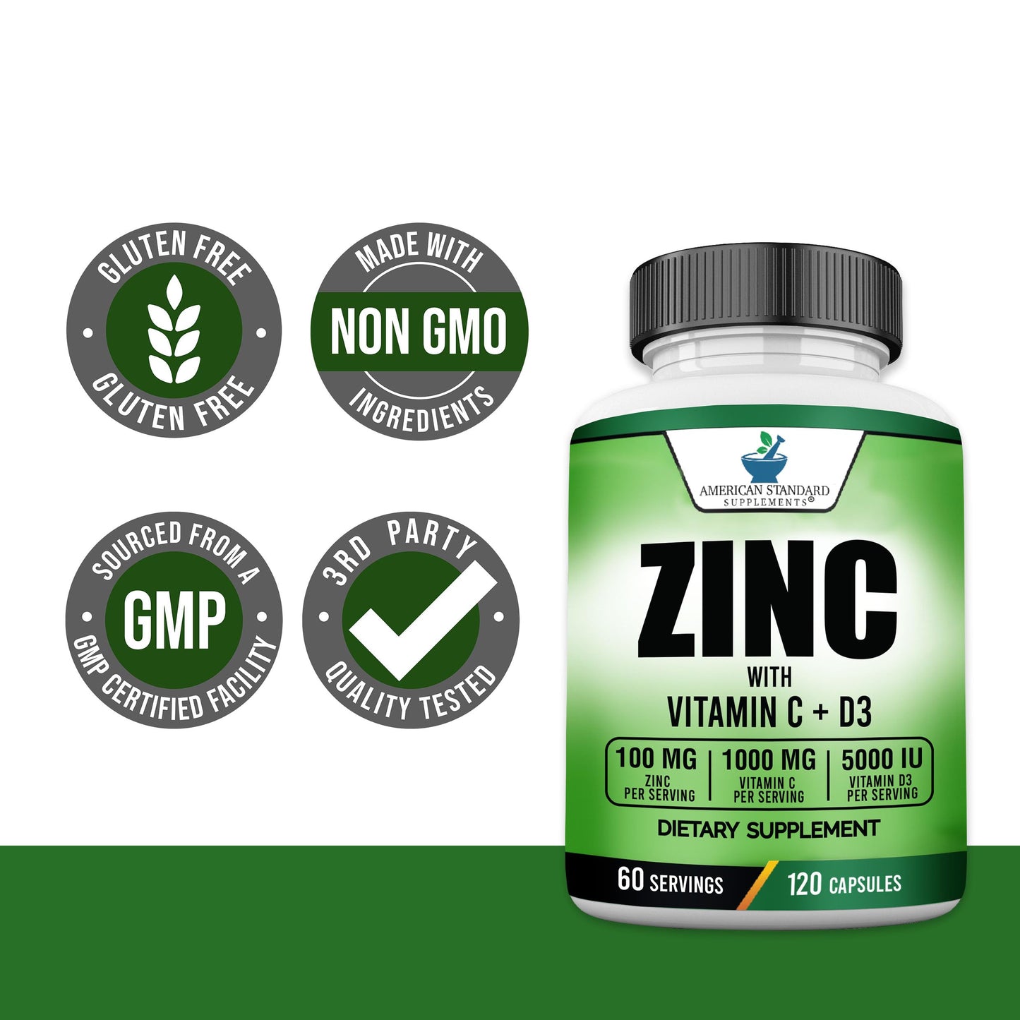 American Standard Zinc 100mg, Vitamin C 1000mg & Vitamin D3 5000 IU – 120 Capsules (Pack of 2)