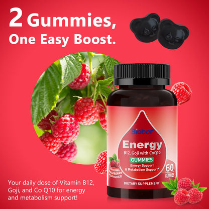 Natural Energy Gummies with B12, Goji & CoQ10 – Raspberry, 60 Count | GMO Free & Gluten Free