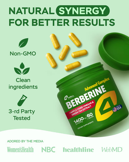 Berberine HCL Supplement - Triple Strength GLP-1 Activator with Apple Cider Vinegar & Green Tea Extract - Body Composition Support, Digestive Health, Support Heart Health, Immune System (60 Capsules)