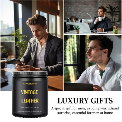 Vintage Leather Candle – 9 oz Soy Wax, Masculine Scented Jar Candle for Men | 50 Hours Burn Time