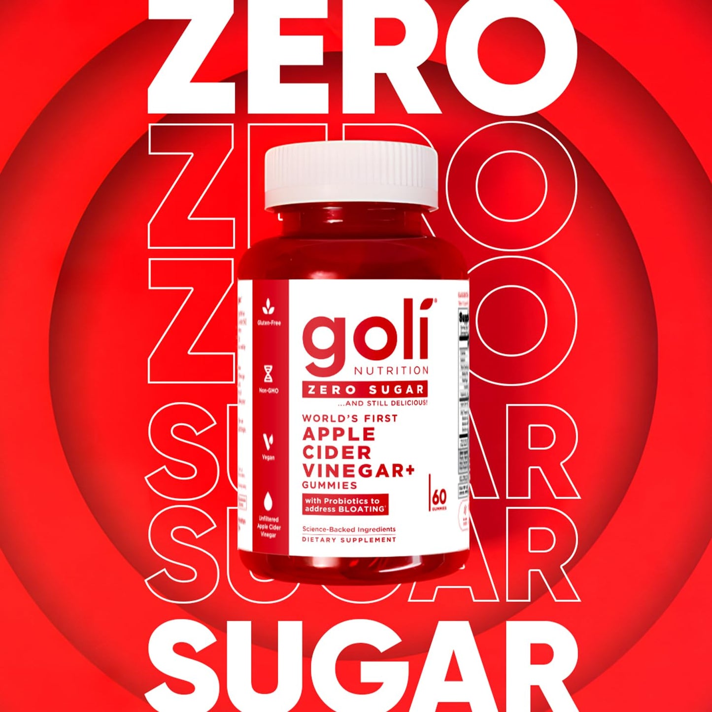 Goli Zero Sugar Apple Cider Vinegar Gummies with Probiotics & Vitamin B12 — 180 Count (3 Pack) | Vegan, Keto, Gluten Free